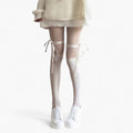 Anna-Kaci Women's Sheer Over-the-Knee Tights with Satin Ribbon Bow and Scalloped Edge Design