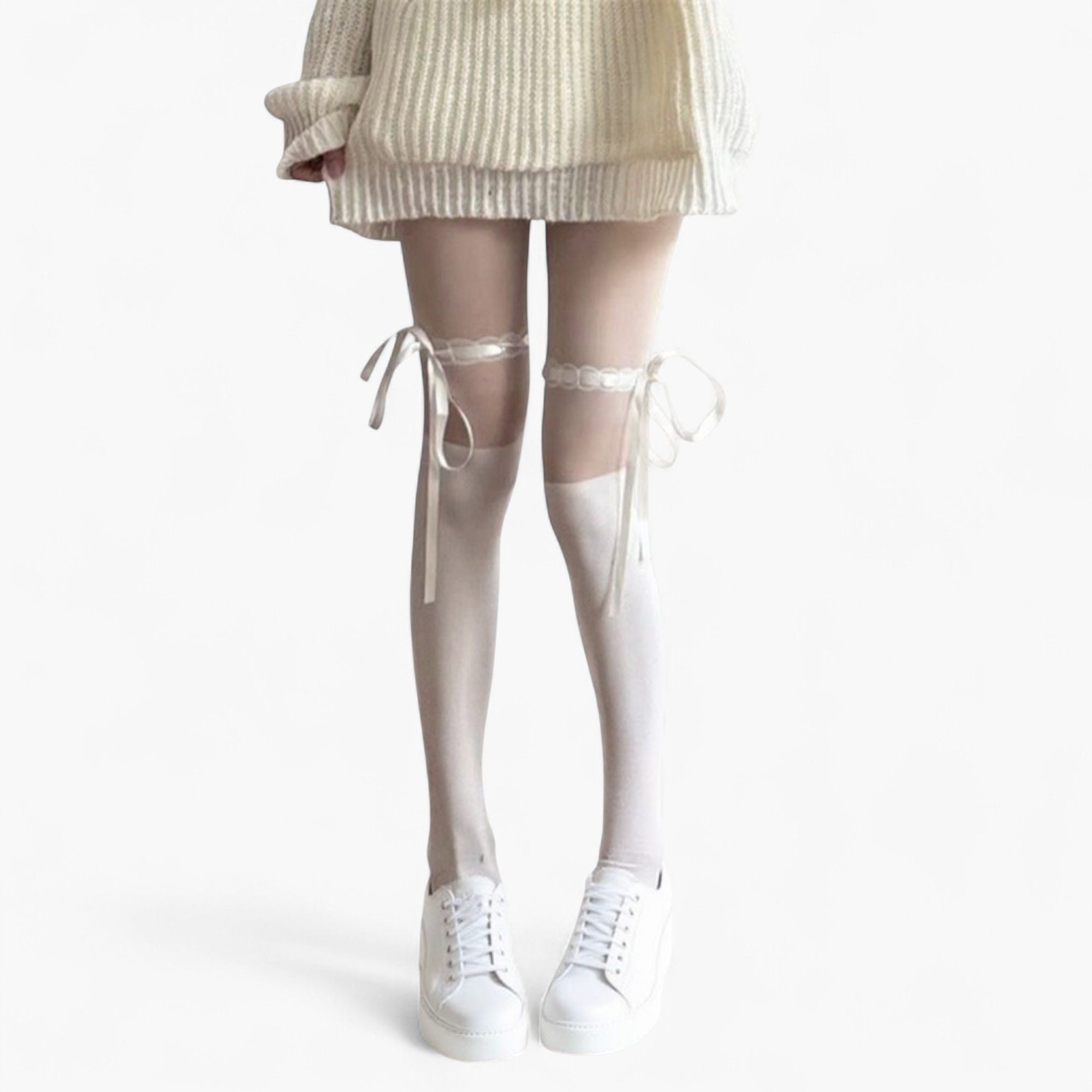 Anna-Kaci Women's Sheer Over-the-Knee Tights with Satin Ribbon Bow and Scalloped Edge Design