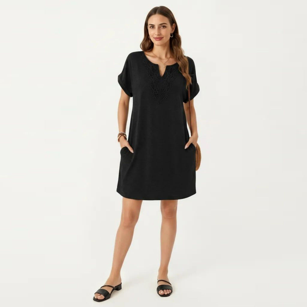 Anna-Kaci Women's Short Sleeve Shift Dress with Split V Neck Embroidered Detail Relaxed Fit Casual Tunic Dress