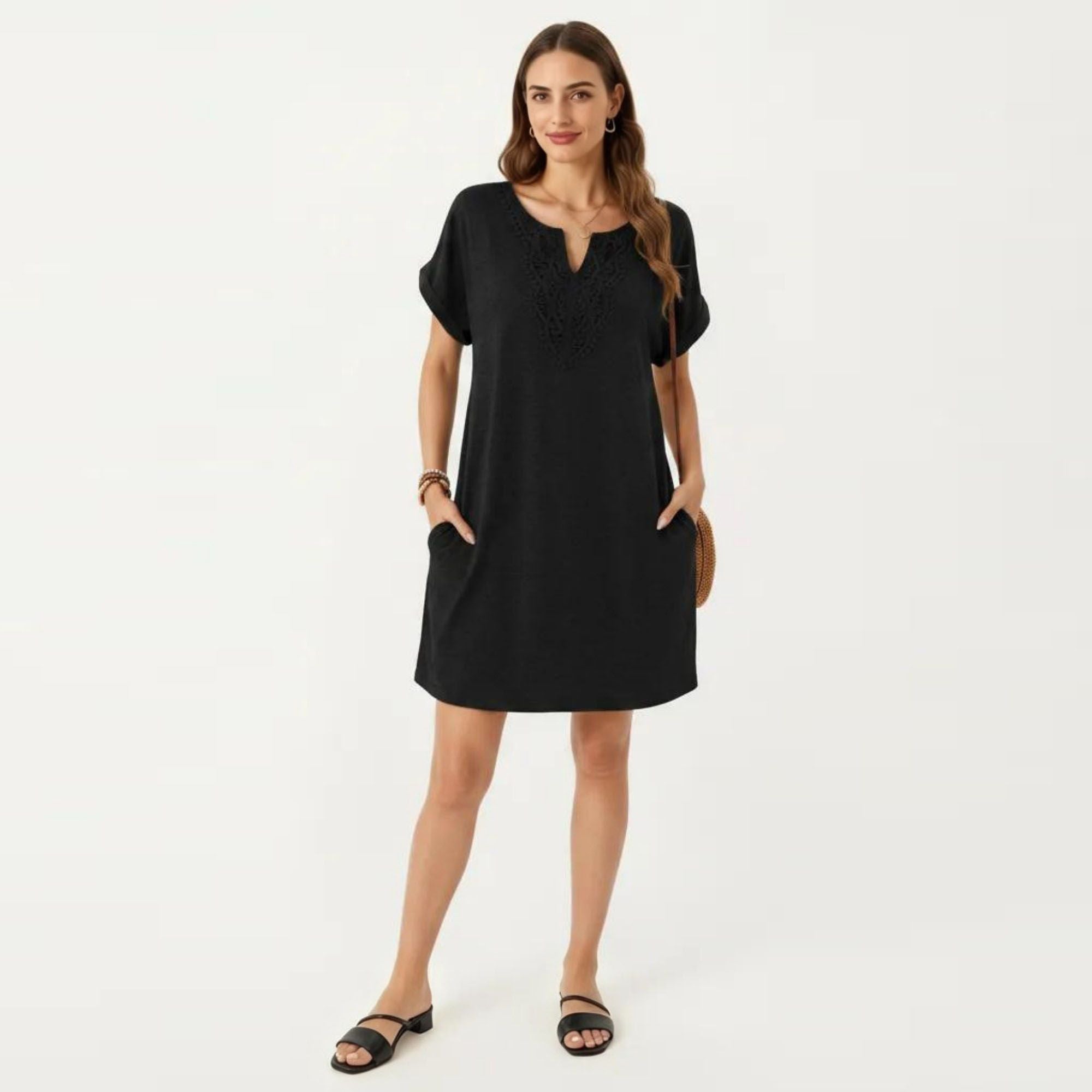 Anna-Kaci Women's Short Sleeve Shift Dress with Split V Neck Embroidered Detail Relaxed Fit Casual Tunic Dress