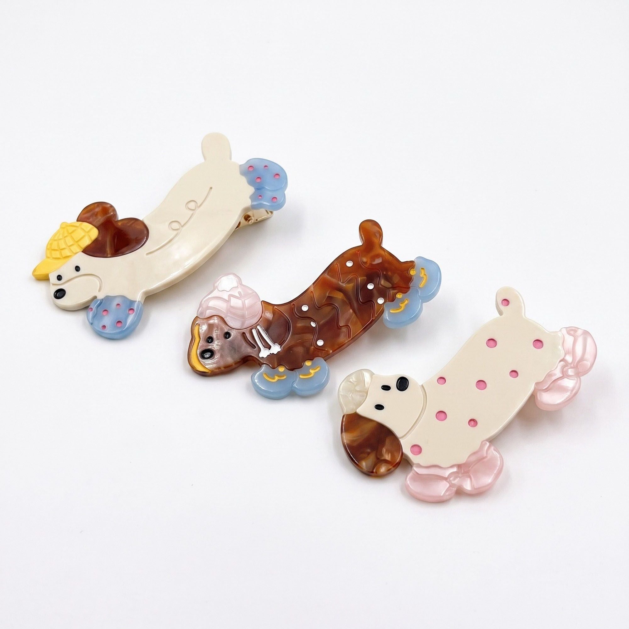 3pc Dachshund Dog Hair Clip Set Colorful Acetate Barrettes