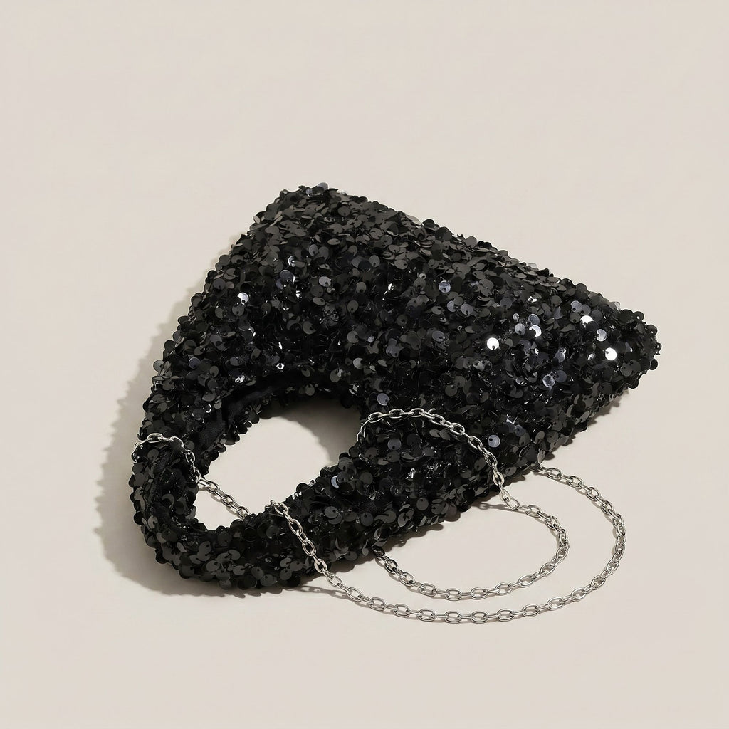 Sequin Top Handle Mini Bag with Round Cutout Handle and Chain Strap