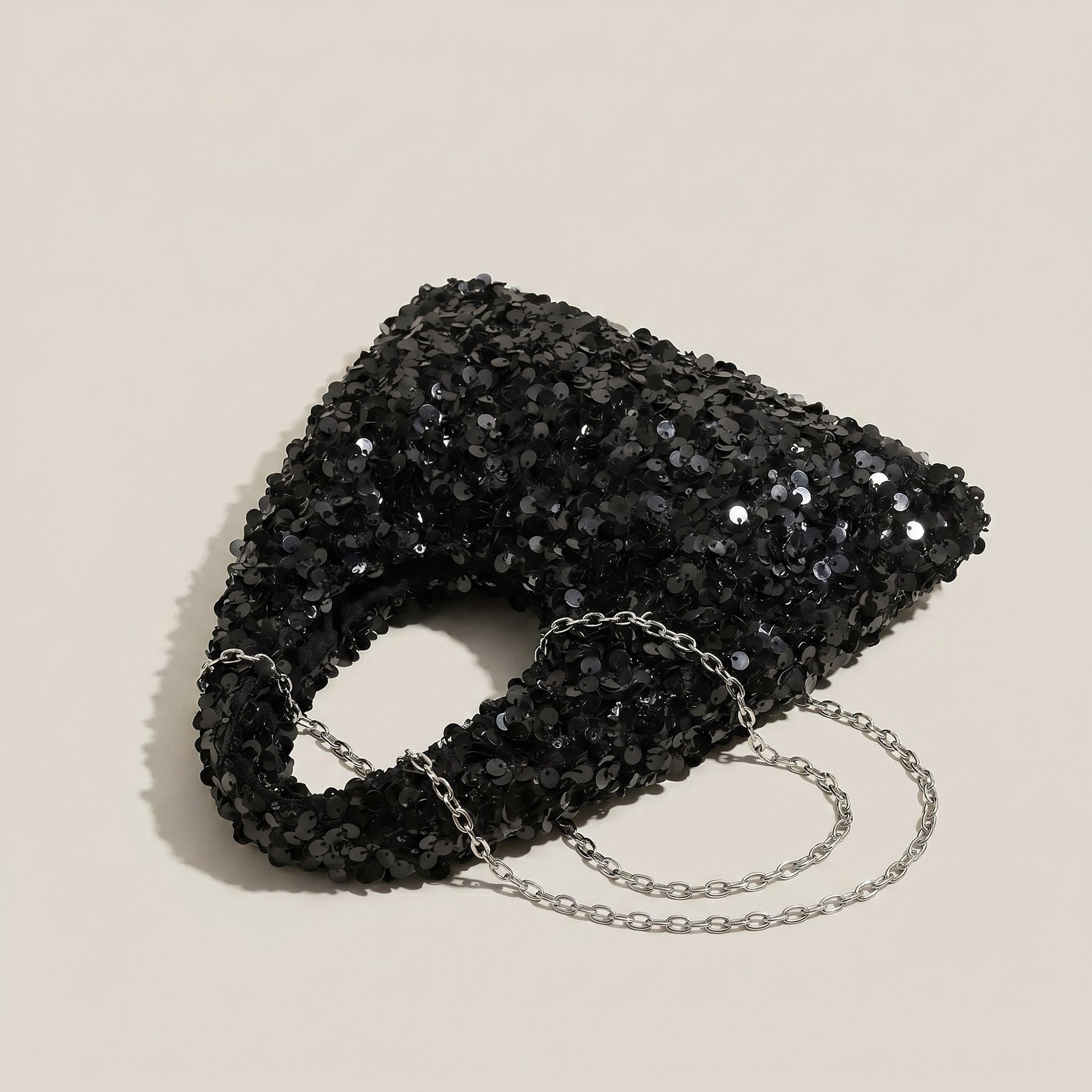 Sequin Top Handle Mini Bag with Round Cutout Handle and Chain Strap