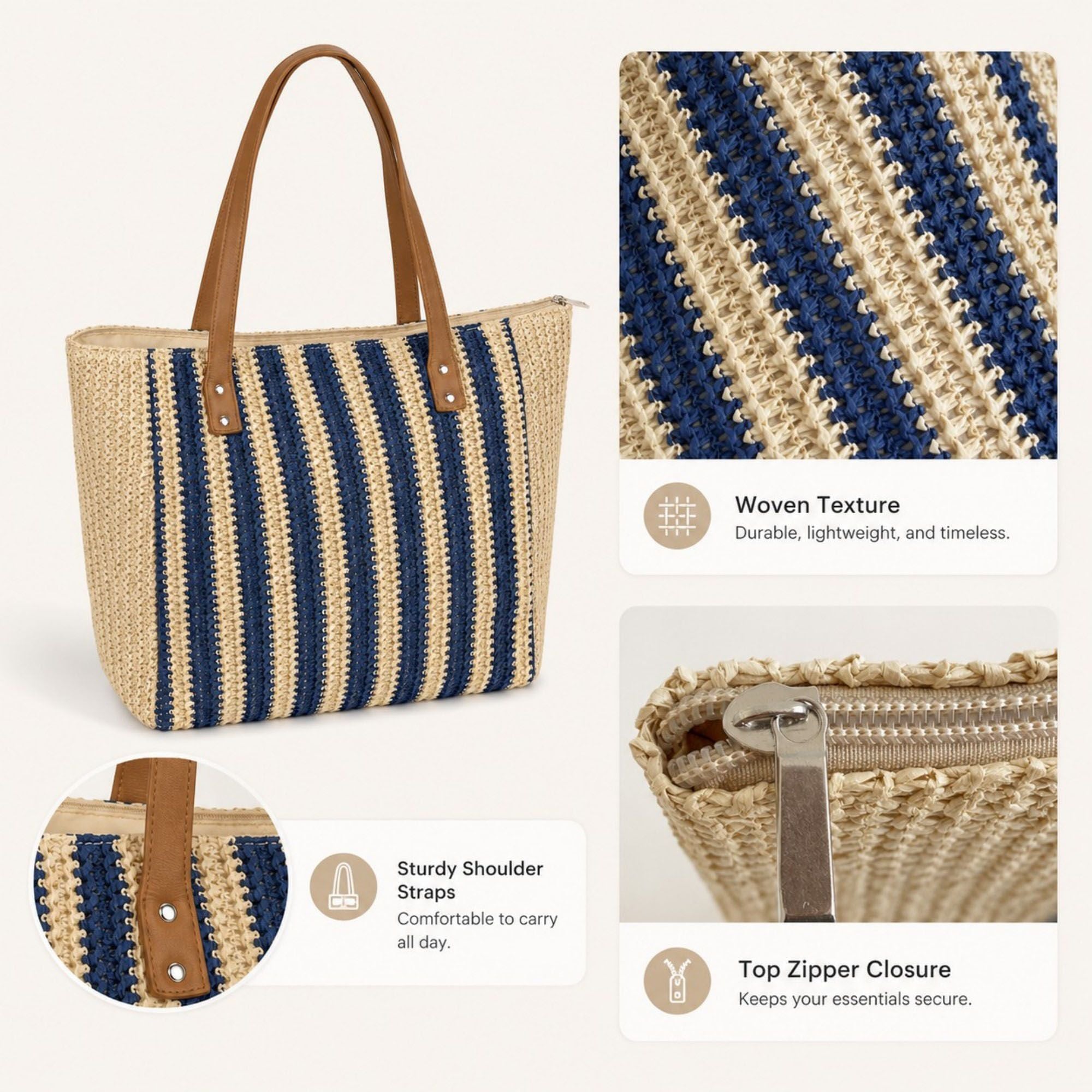 Crochet Look Striped Tote Bag with Faux Leather Shoulder Straps