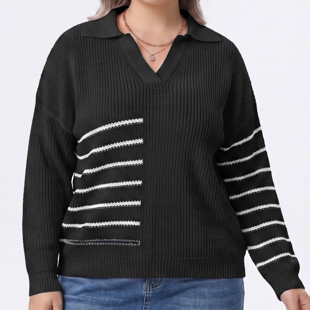 Plus Size Striped Johnny Collar Knit Sweater