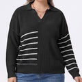 Plus Size Striped Johnny Collar Knit Sweater