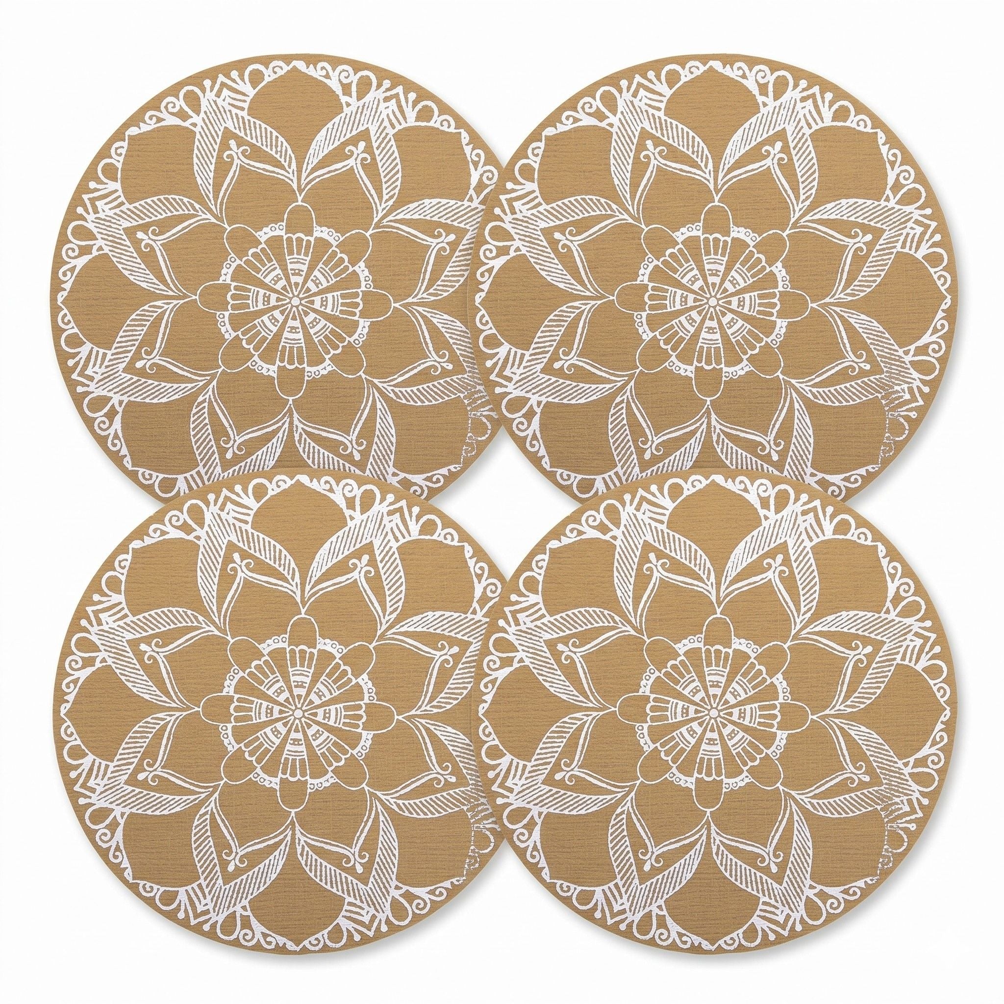 4 Piece Mandala Placemat Set Metallic PVC Heat Resistant Round Table Mats for Dining Table