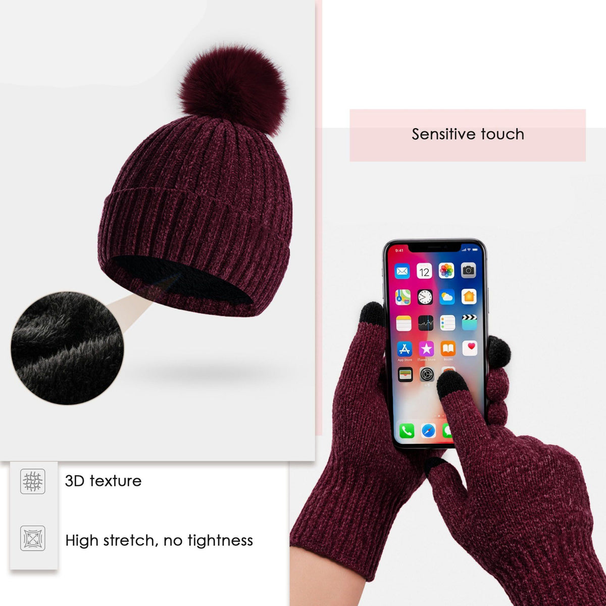 3 Piece Pom Beanie Scarf and Touchscreen Gloves Winter Set