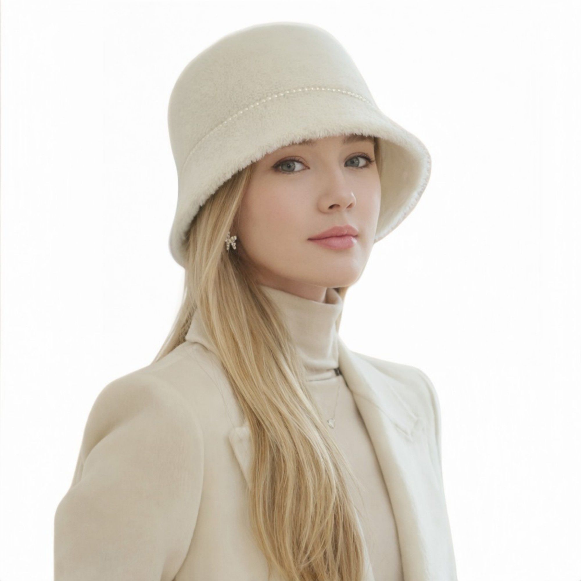 Anna-Kaci Women's Faux Fur Bucket Hat with Pearl Trim Detail Soft Textured Finish and Structured Cozy Winter Headwear 22-22.8in