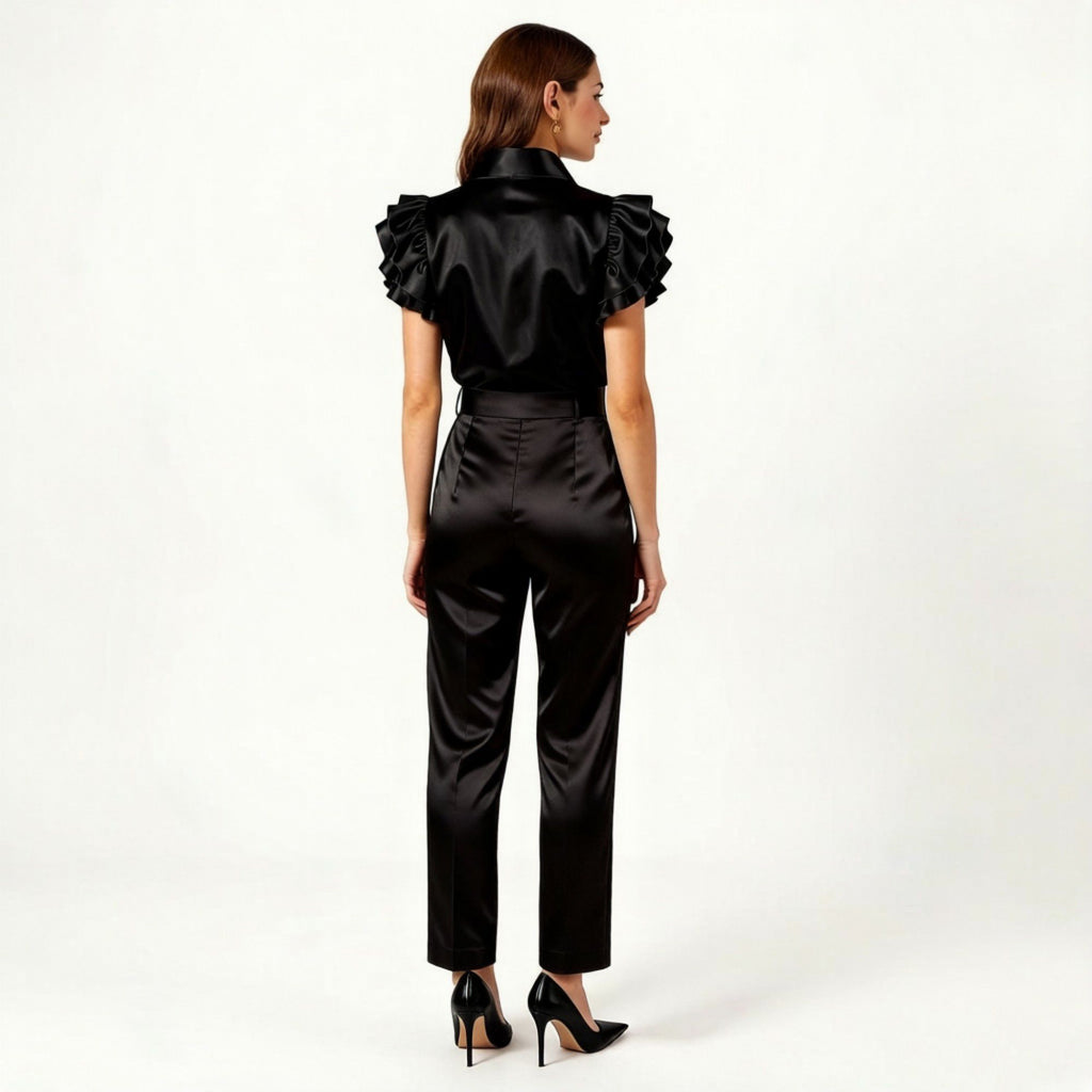 Anna-Kaci Women's Satin Button Down Blouse with Ruffle Sleeves and Collared Neckline