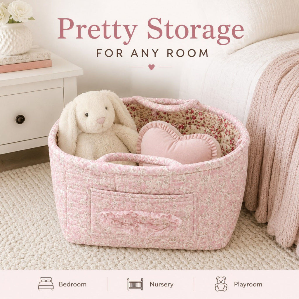 Quilted Floral Storage Caddy with Handles for Dorm Bathroom Vanity and Laundry Room