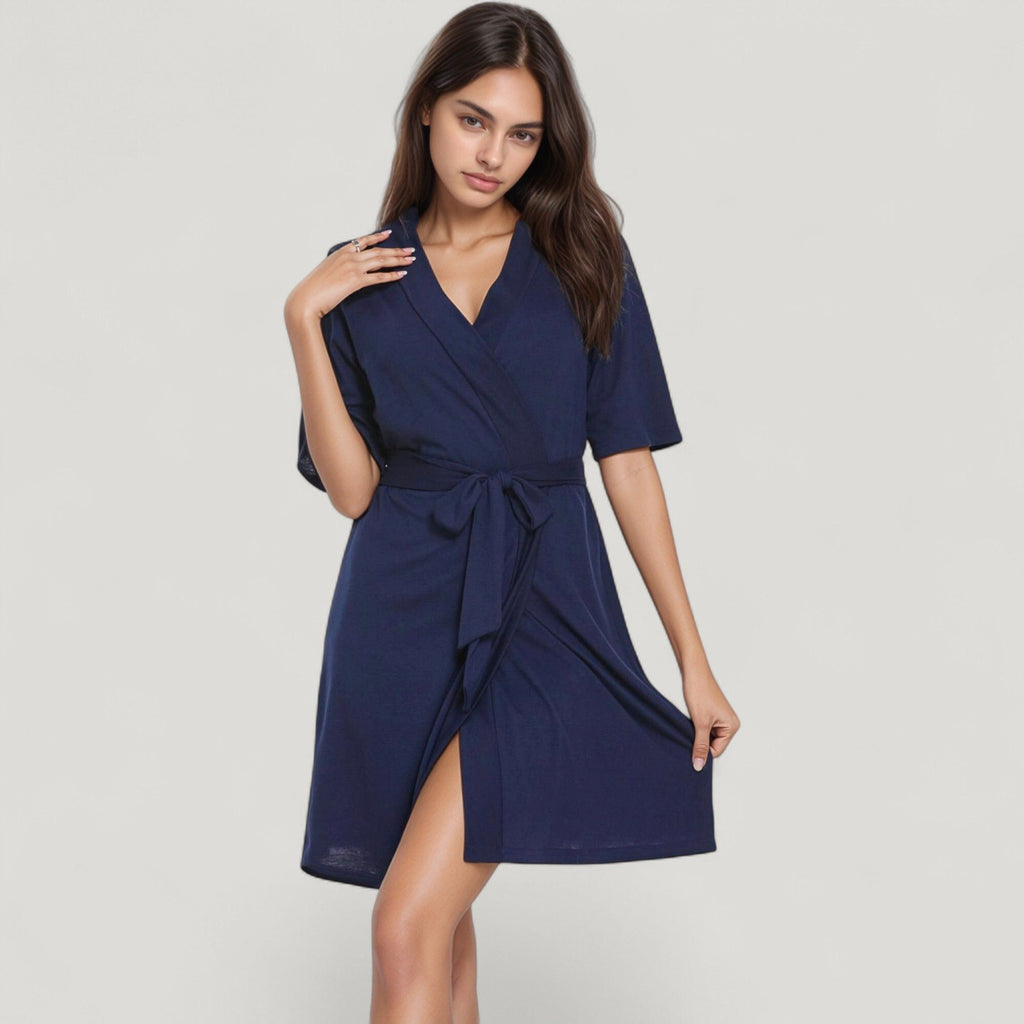 Anna-Kaci Lounge Women's Knit Wrap Robe Short Sleeve V-Neck Belted Casual Robe with Adjustable Waist Tie