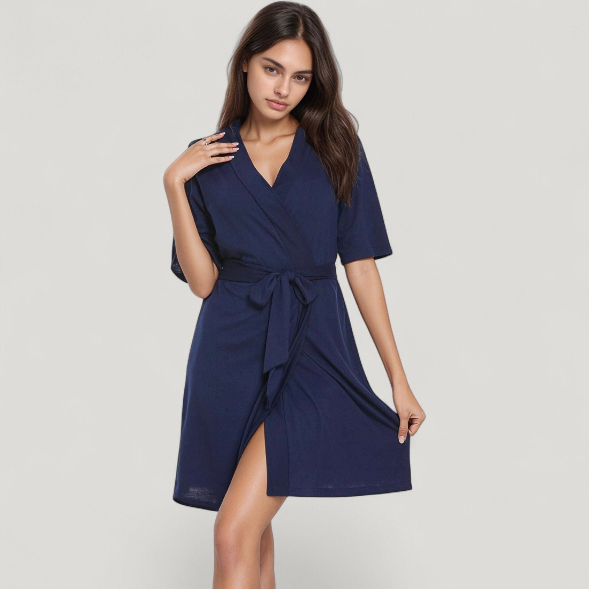 Anna-Kaci Lounge Women's Knit Wrap Robe Short Sleeve V-Neck Belted Casual Robe with Adjustable Waist Tie