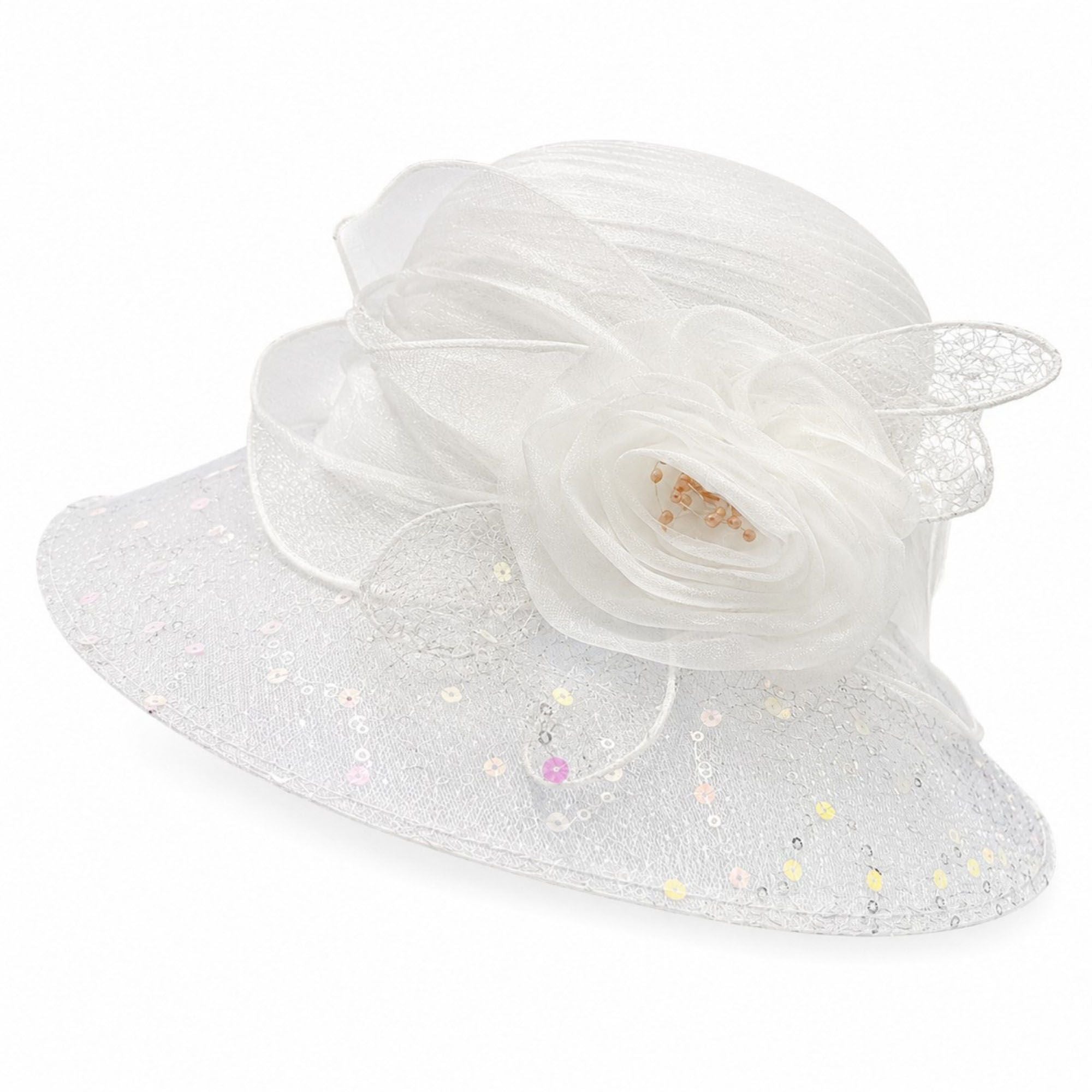 Wide Brim Floral Sun Hat with Sequin Mesh and Rose Accent