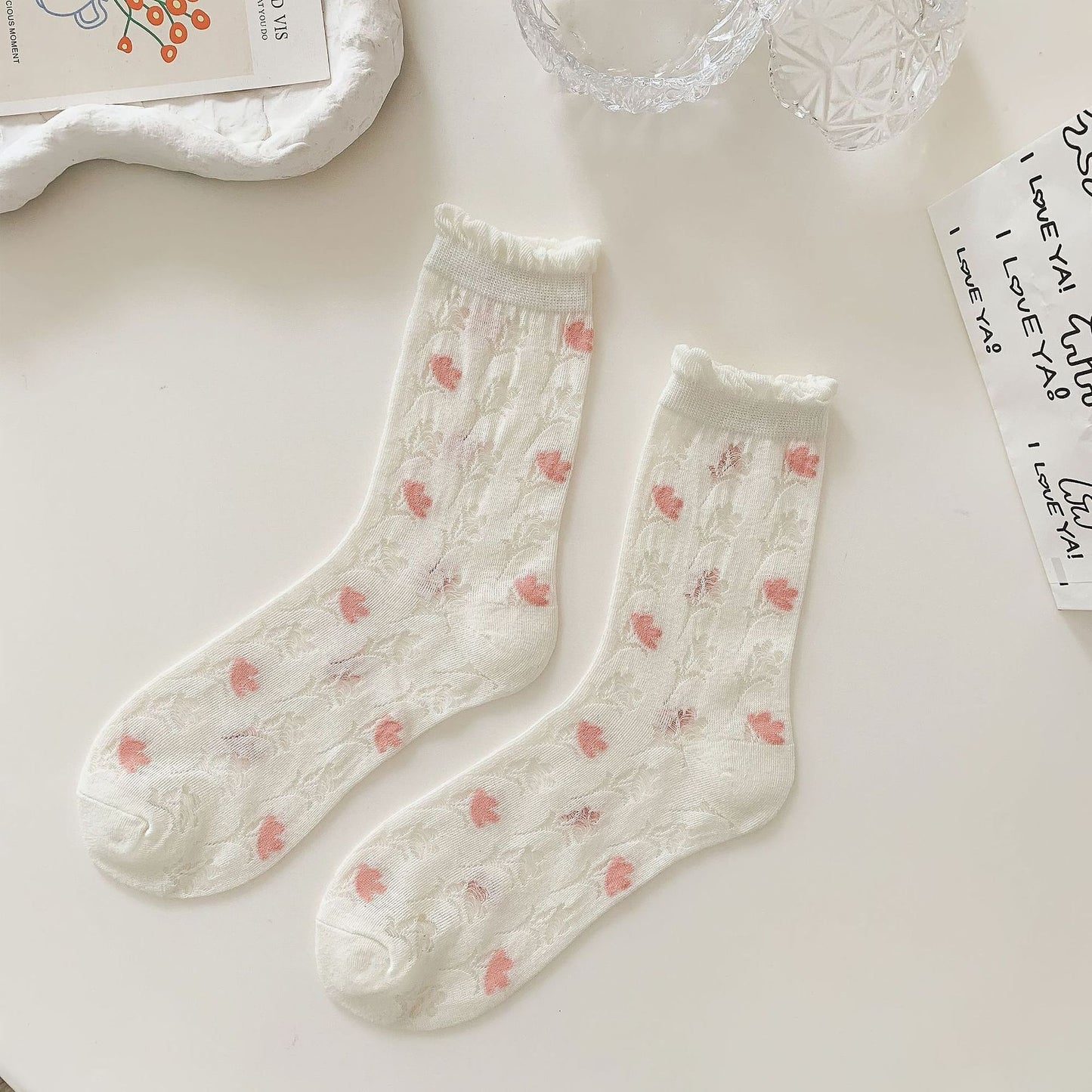 Anna-Kaci Women's Sheer Floral Embroidered Ankle Socks with Ruffle Cuff 6Pk
