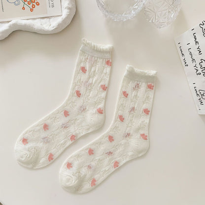 Anna-Kaci Women's Sheer Floral Embroidered Ankle Socks with Ruffle Cuff 6Pk