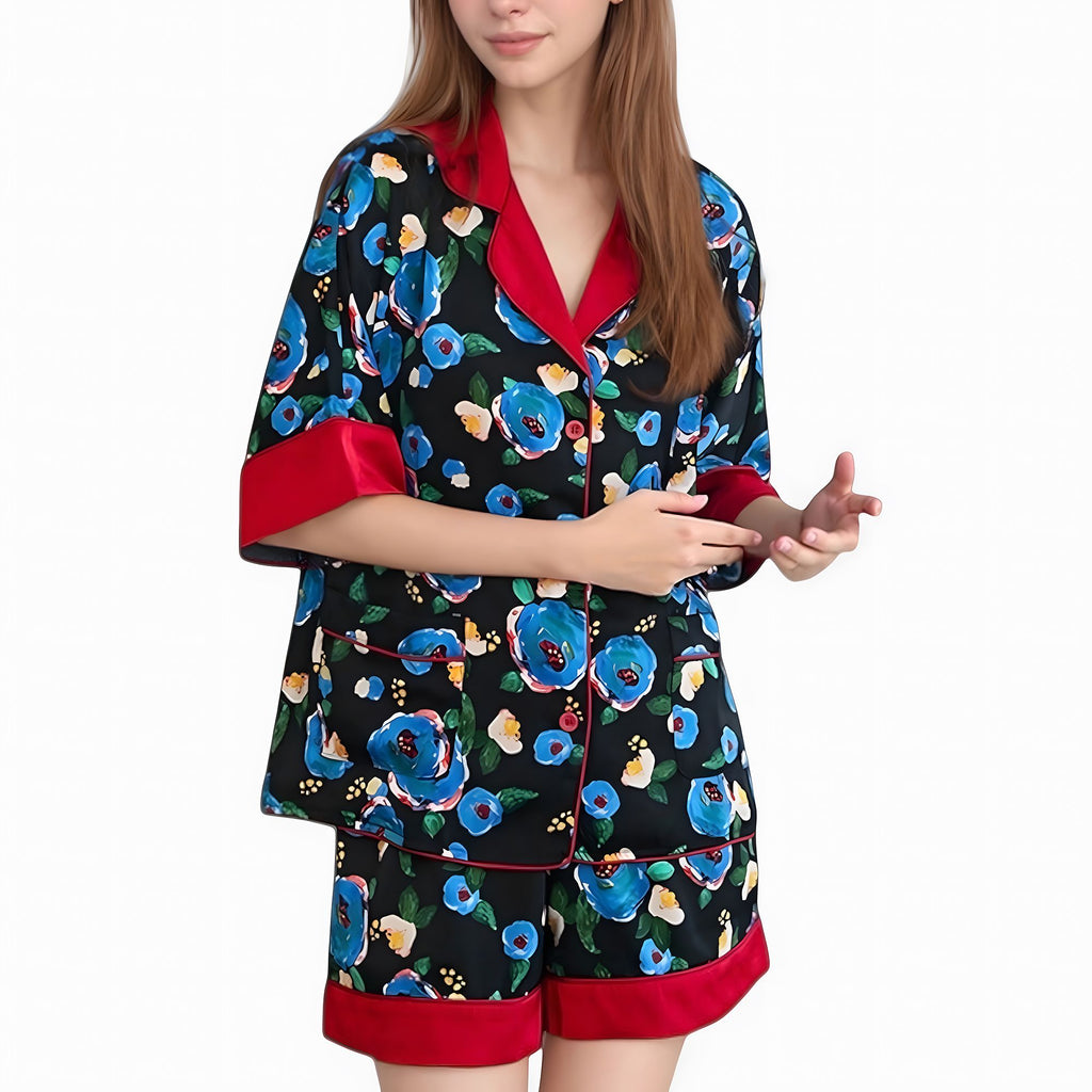 Anna-Kaci Lounge Women's Floral Print Pajama Set with Contrast Trim and Short Sleeve Button-Up Top