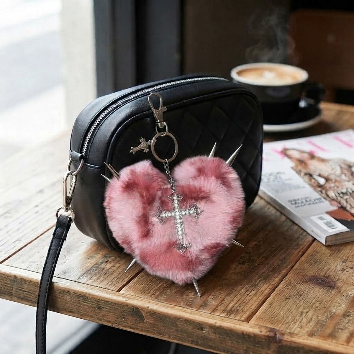 Punk Heart Faux Fur Keychain Rivet Cross Bag Charm Set