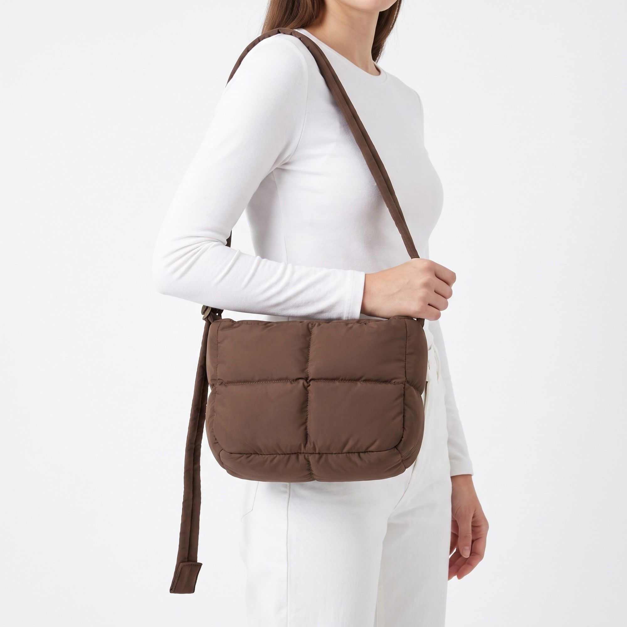 Grid Quilt Padded Rectangular Crossbody Bag with Adjustable Slim Shoulder Strap 9.8x7.9x3.5