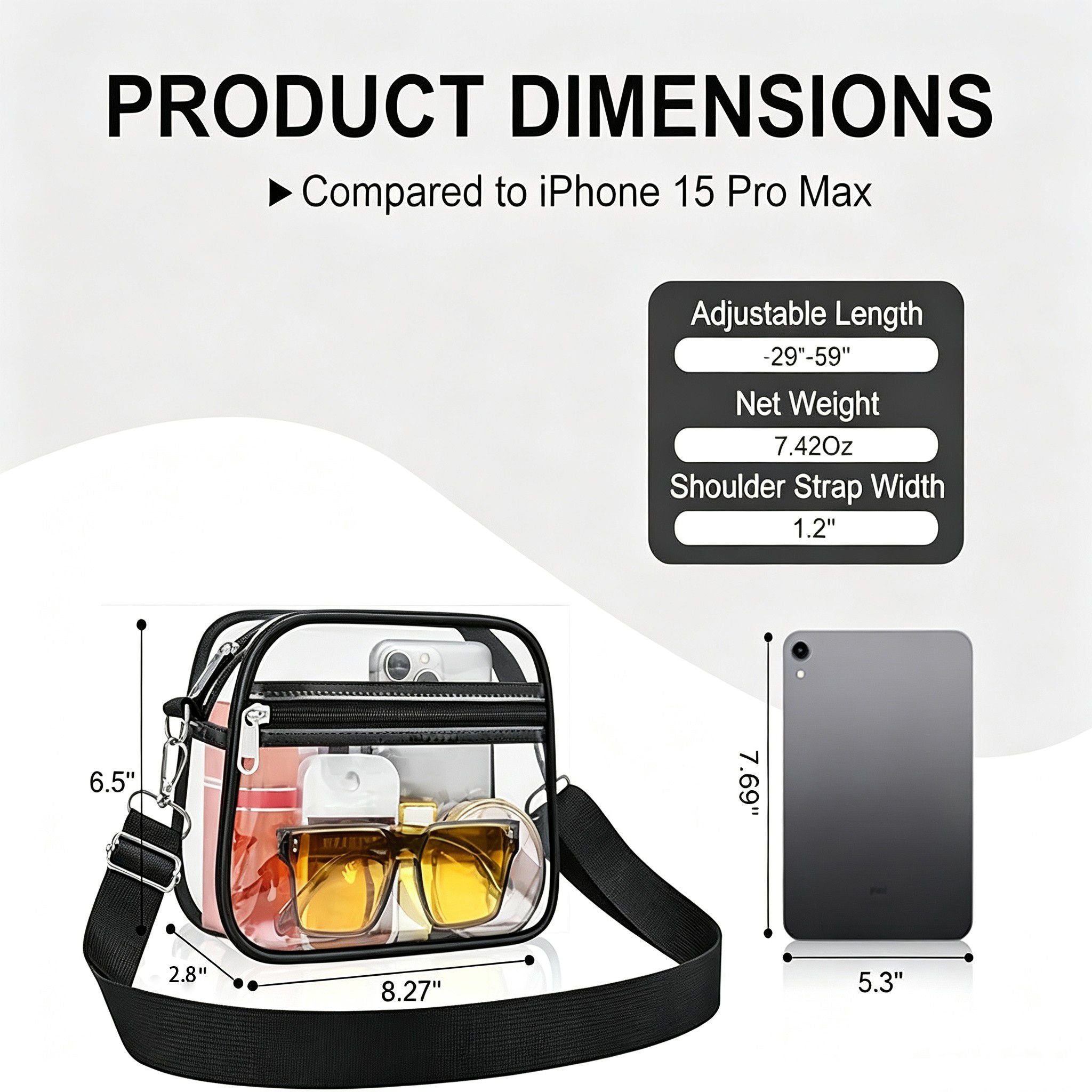 Clear Stadium Crossbody Bag with Front Zipper Pocket, Adjustable Strap and Medium Transparent Design
