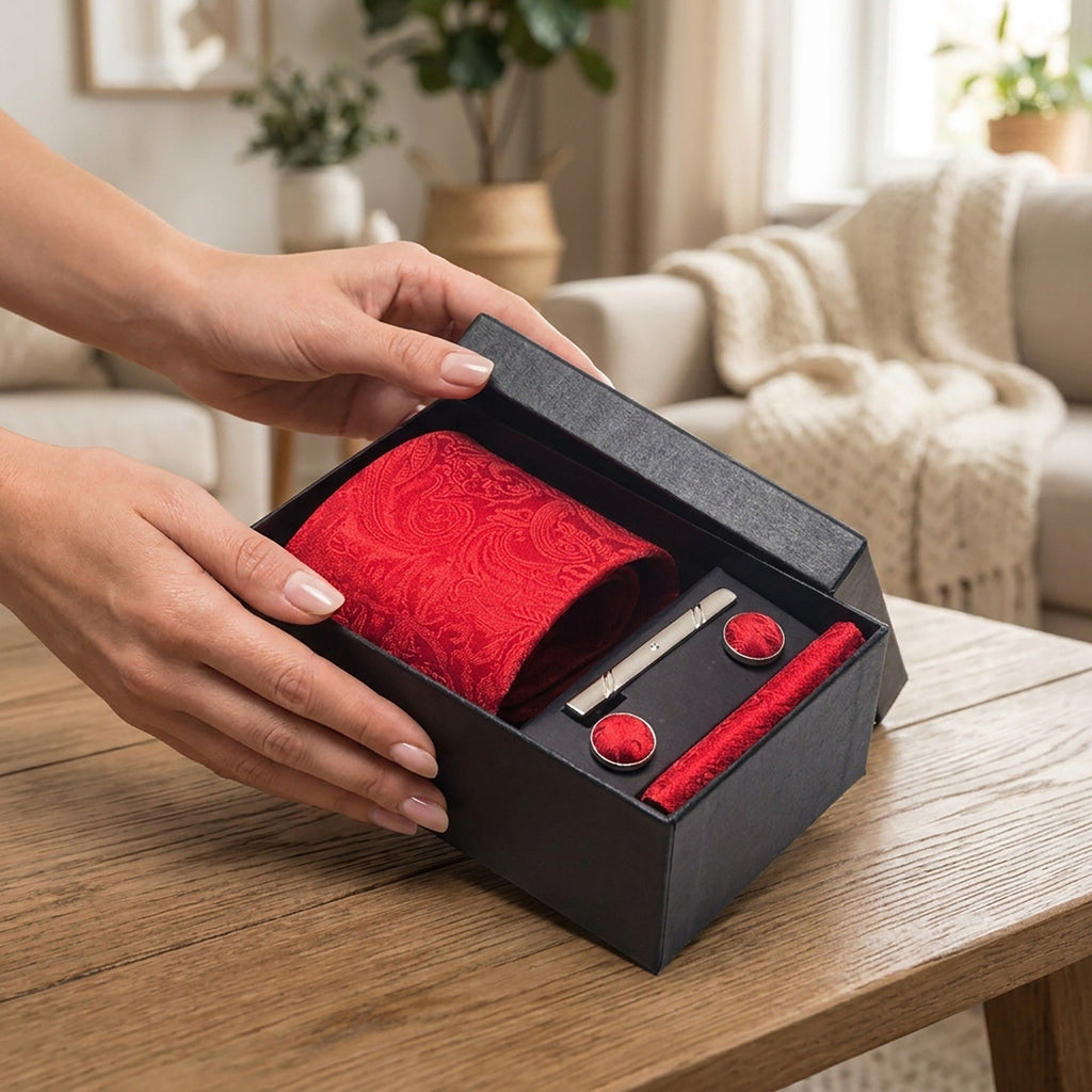Men's Floral Print Tie Gift Set with Matching Pocket Square Cufflinks and Silver Tie Clip