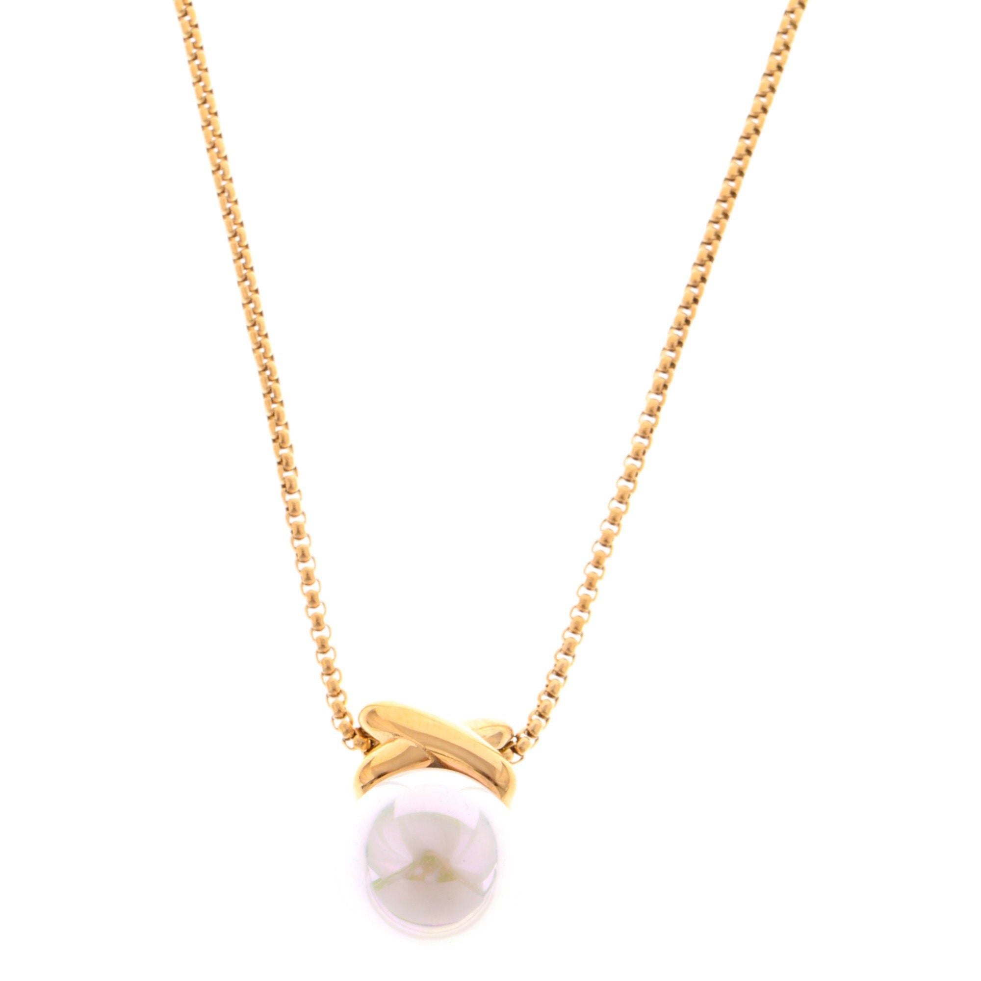 Gold Tone Pendant Fashion Style Necklace with Faux Pearl Drop and X Charm