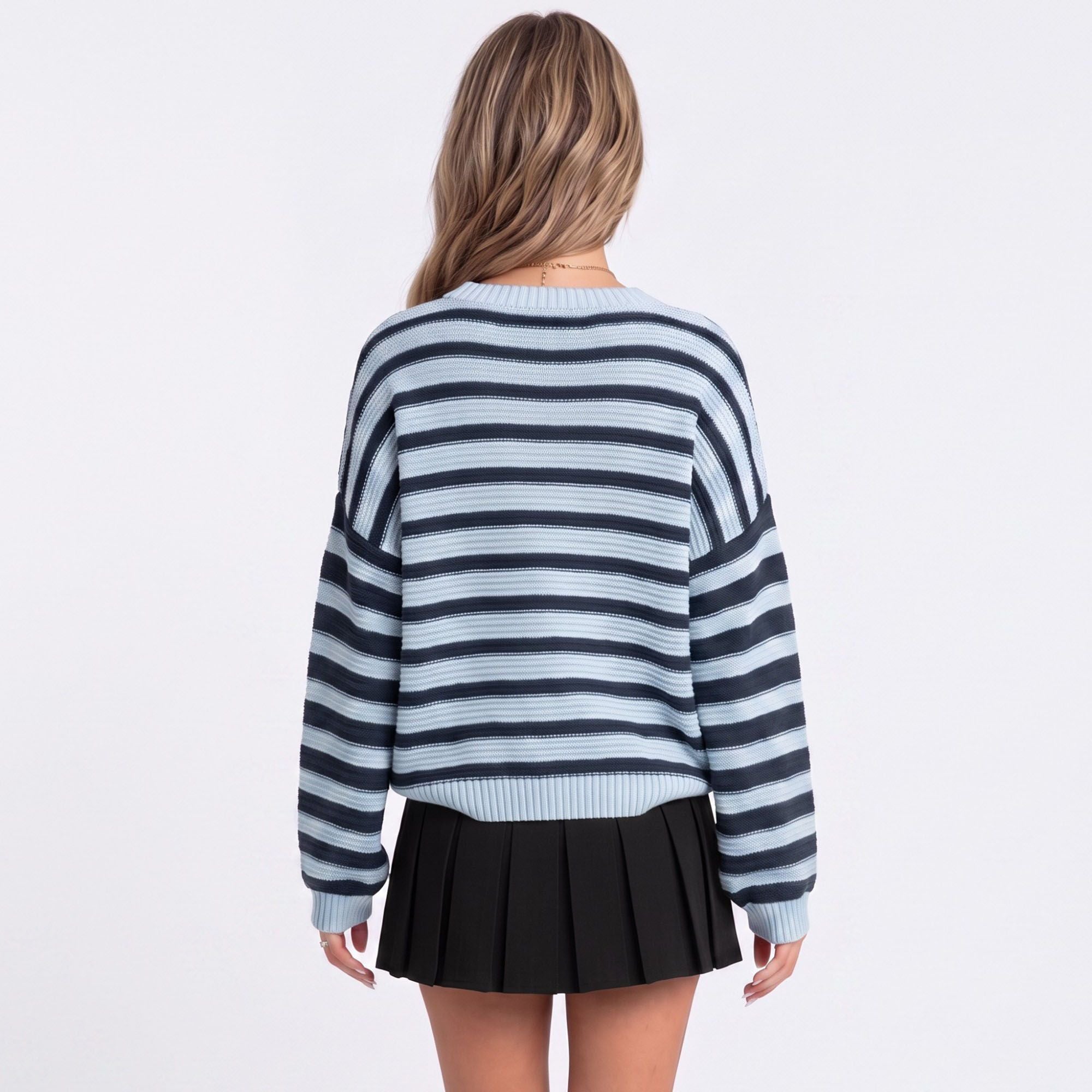 Striped Crewneck Drop-Shoulder Knit Sweater