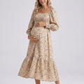 Blue women's midi dress with floral, long sleeve and square neck