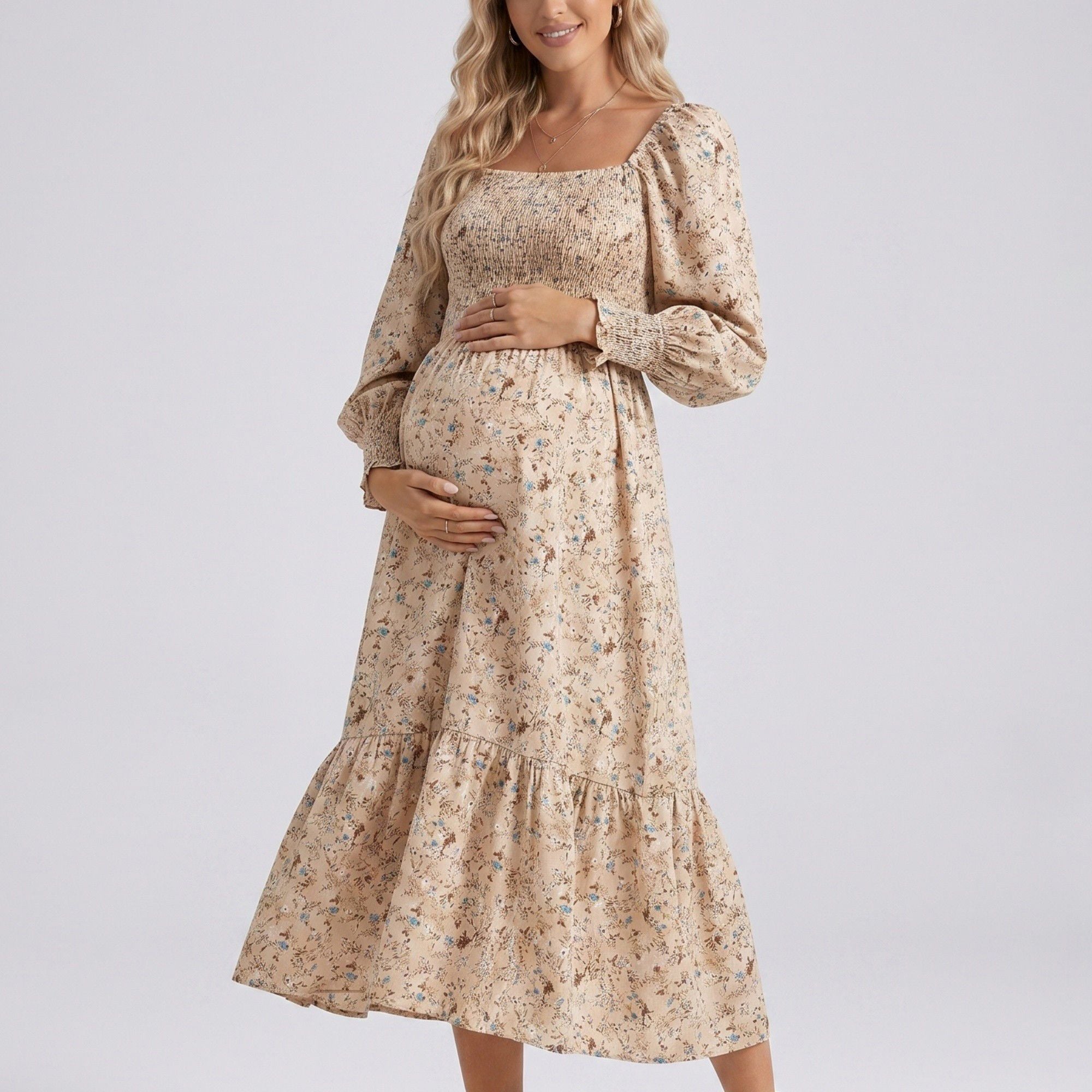 Anna-Kaci Women's Maternity Floral Square Neck Midi Dress with Long Sleeves and Smocked Bodice