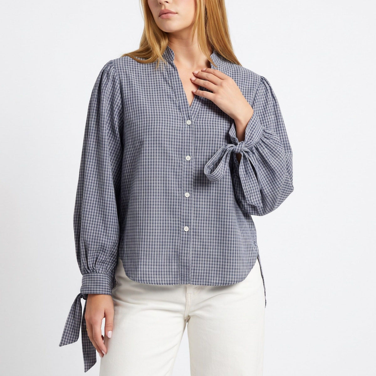 Plaid Button Down Blouse with Tie Cuff Long Sleeves