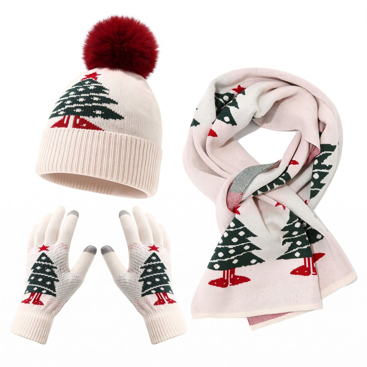 3 Piece Christmas Tree Beanie Scarf and Touchscreen Gloves Set
