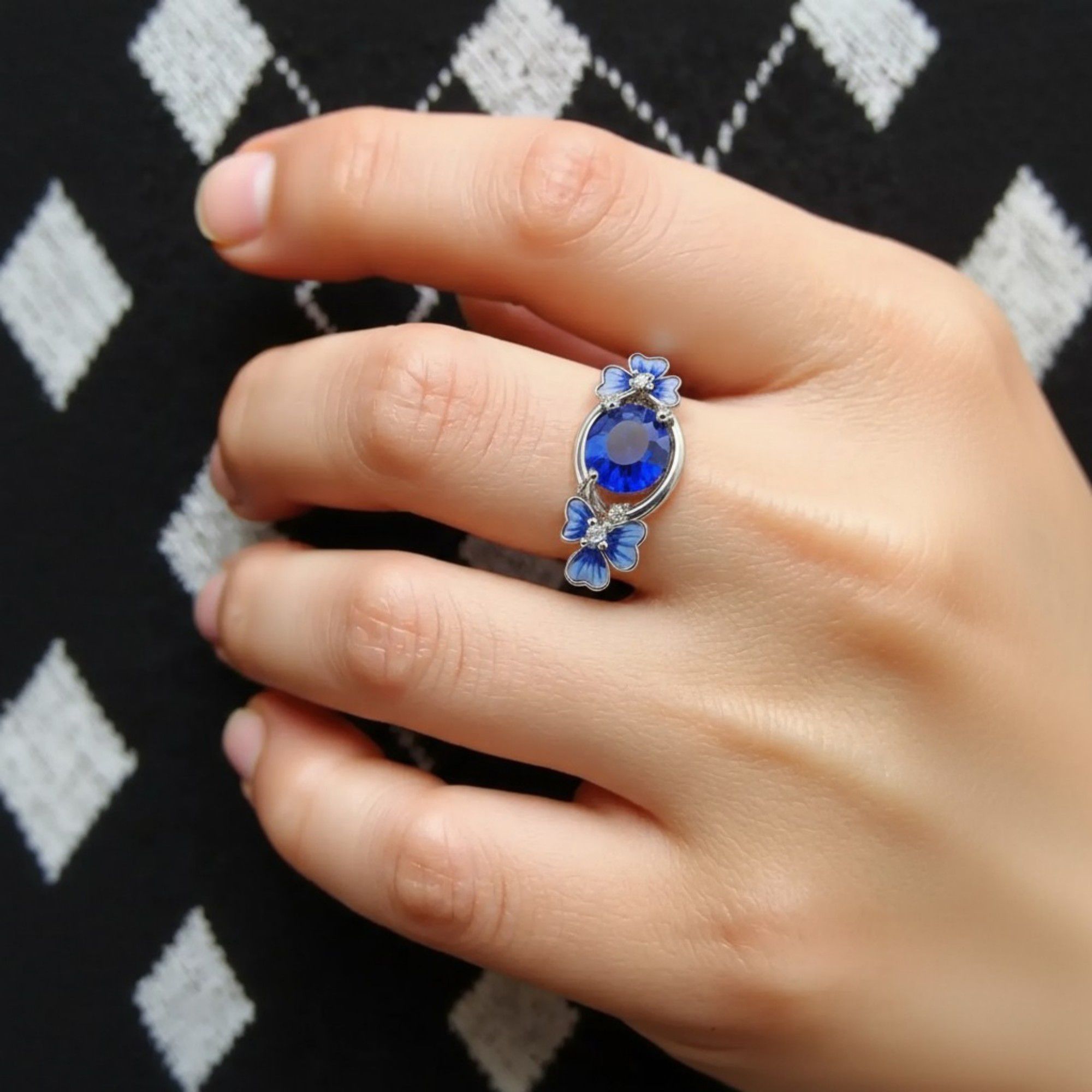 Women's Oval Gemstone Ring with Crystal Butterfly Accents and Floral Design