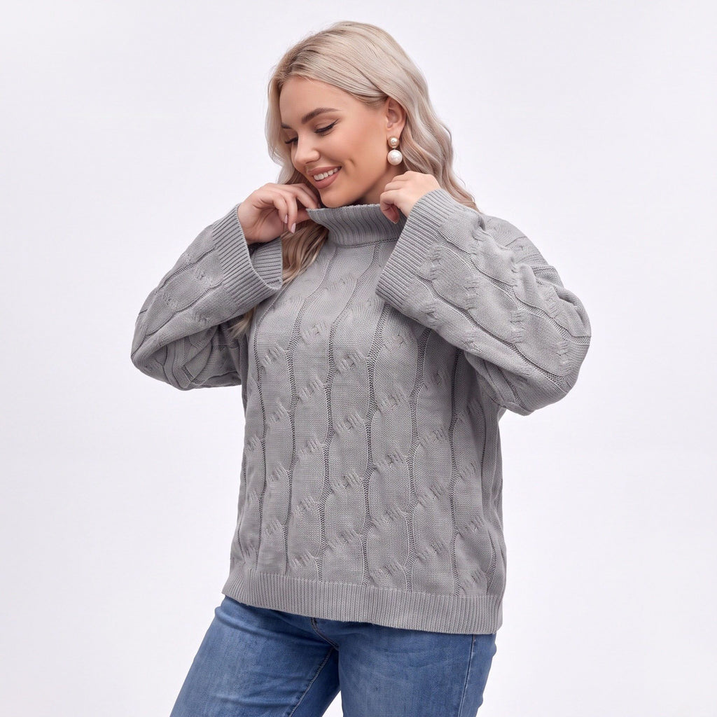 Plus Size Mock Neck Cable Knit Bell Sleeve Sweater