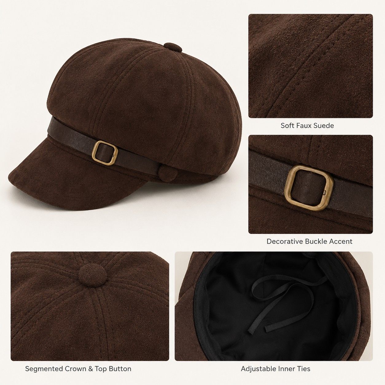 Faux Suede Baker Boy Cap with Buckle Band Vintage Newsboy Style Hat