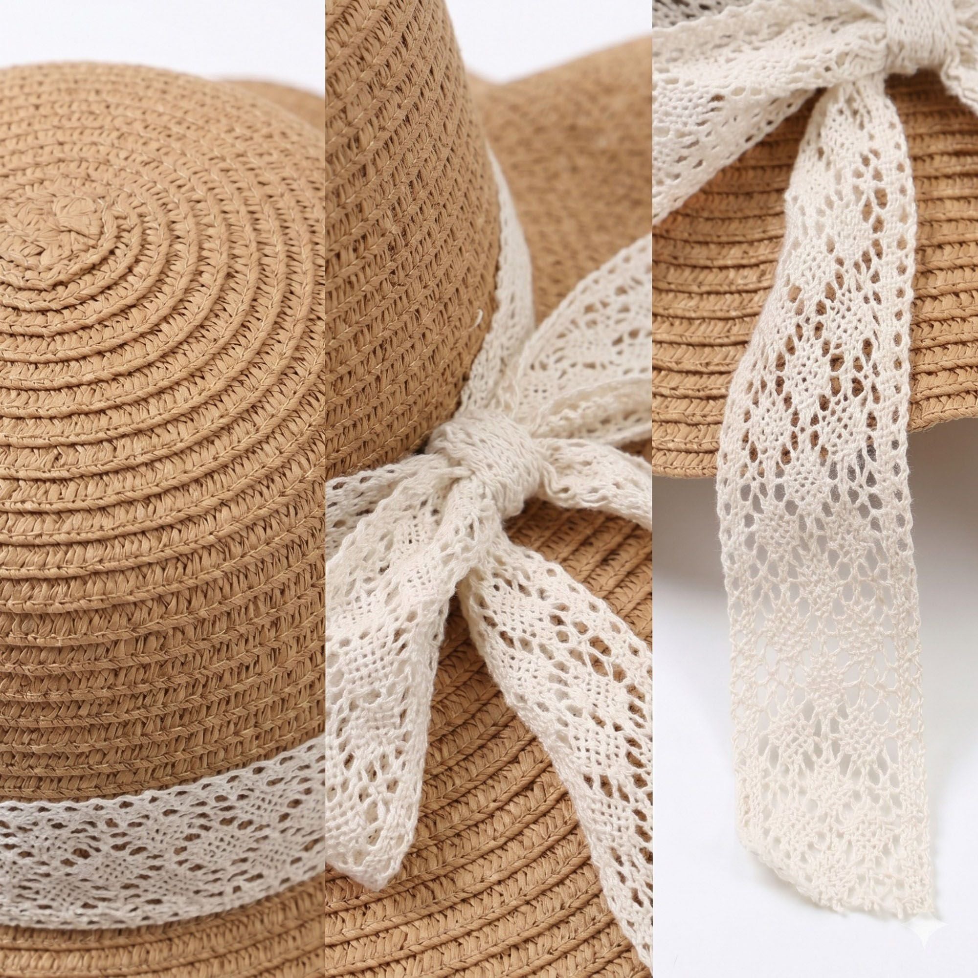 Women's Wide Brim Straw Sun Hat Lace Ribbon Tie Lightweight Summer Beach Hat