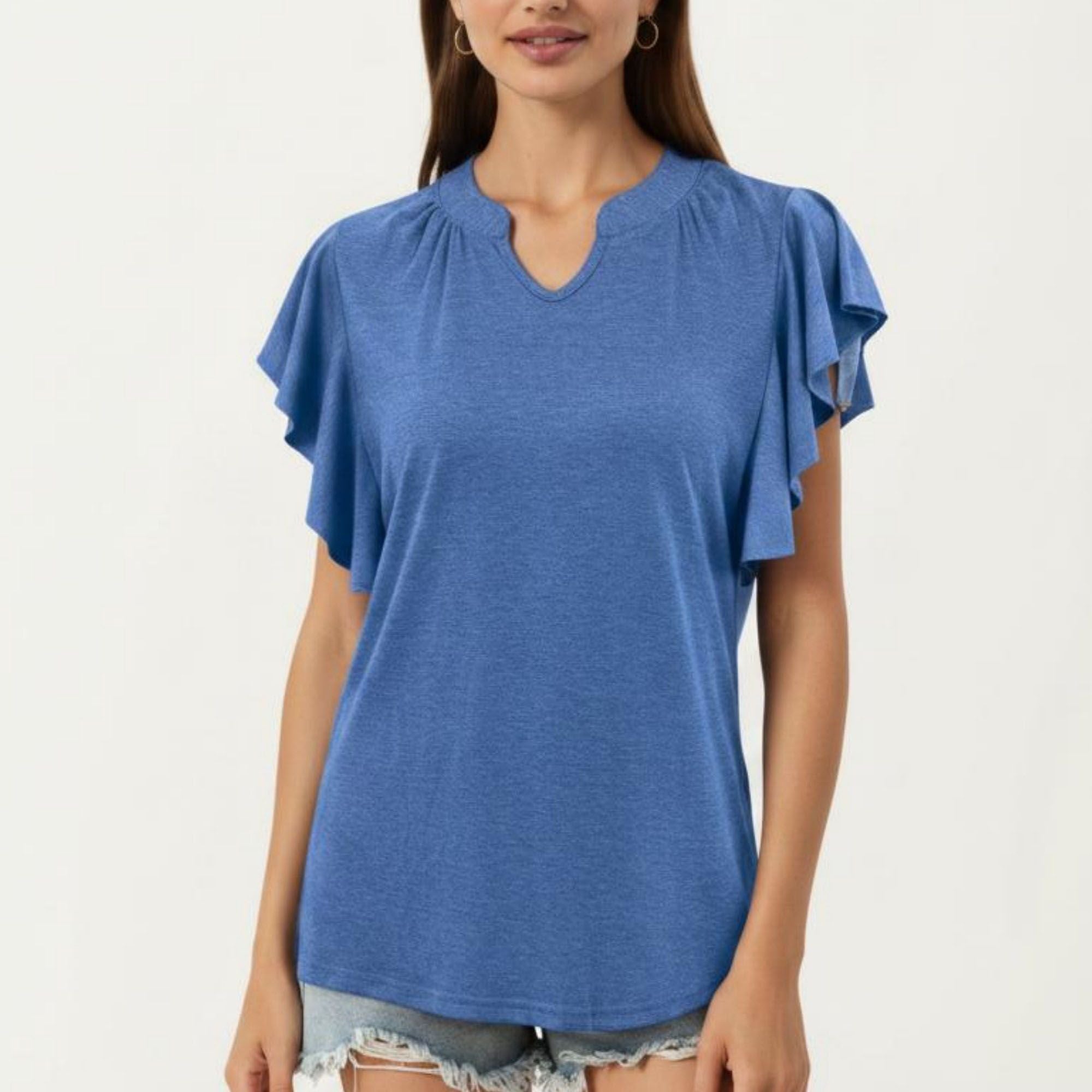 Anna-Kaci Women's Short Sleeve Top with Flutter Ruffle Sleeves and Split V Neck Relaxed Fit Casual Shirt