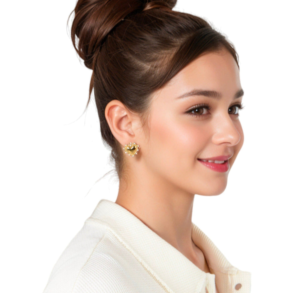 Gold Tone Heart Stud Fashion Earrings with Rhinestone Accents