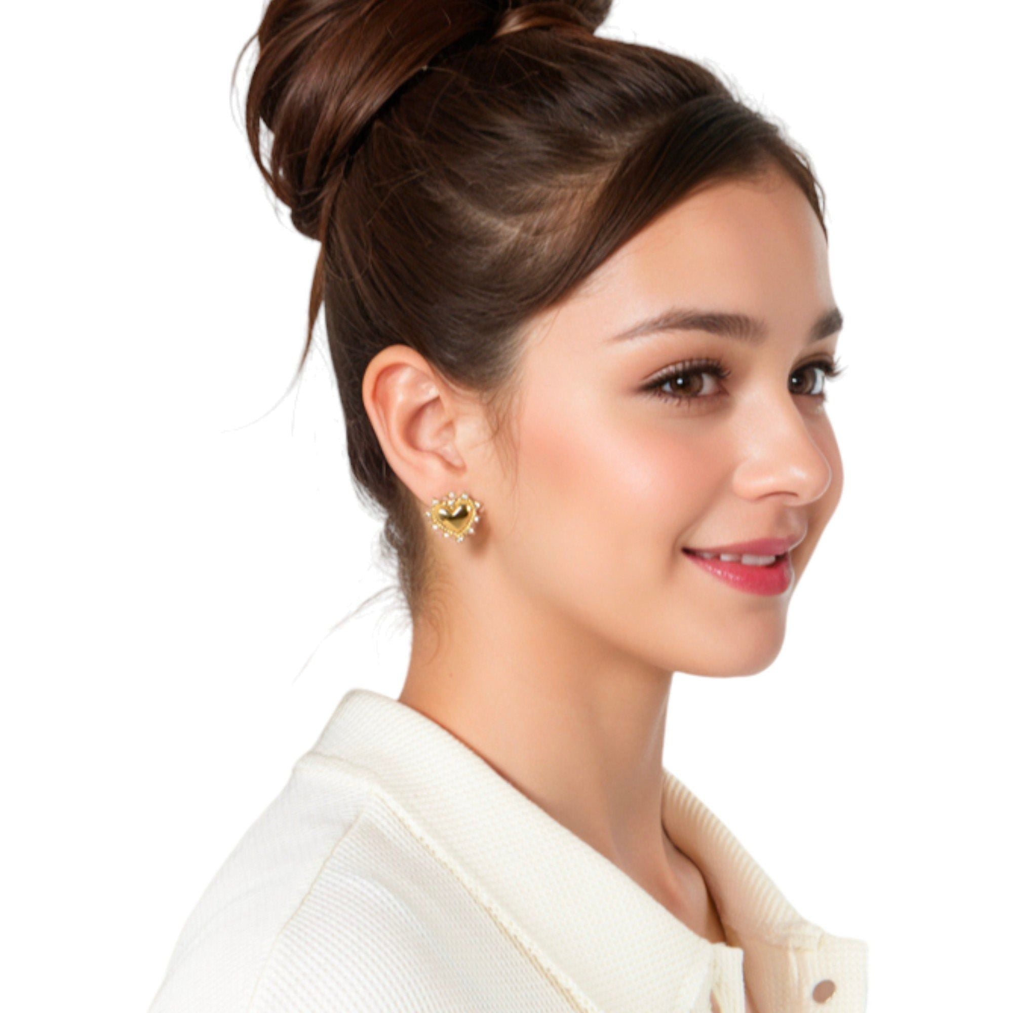 Gold Tone Heart Stud Fashion Earrings with Rhinestone Accents