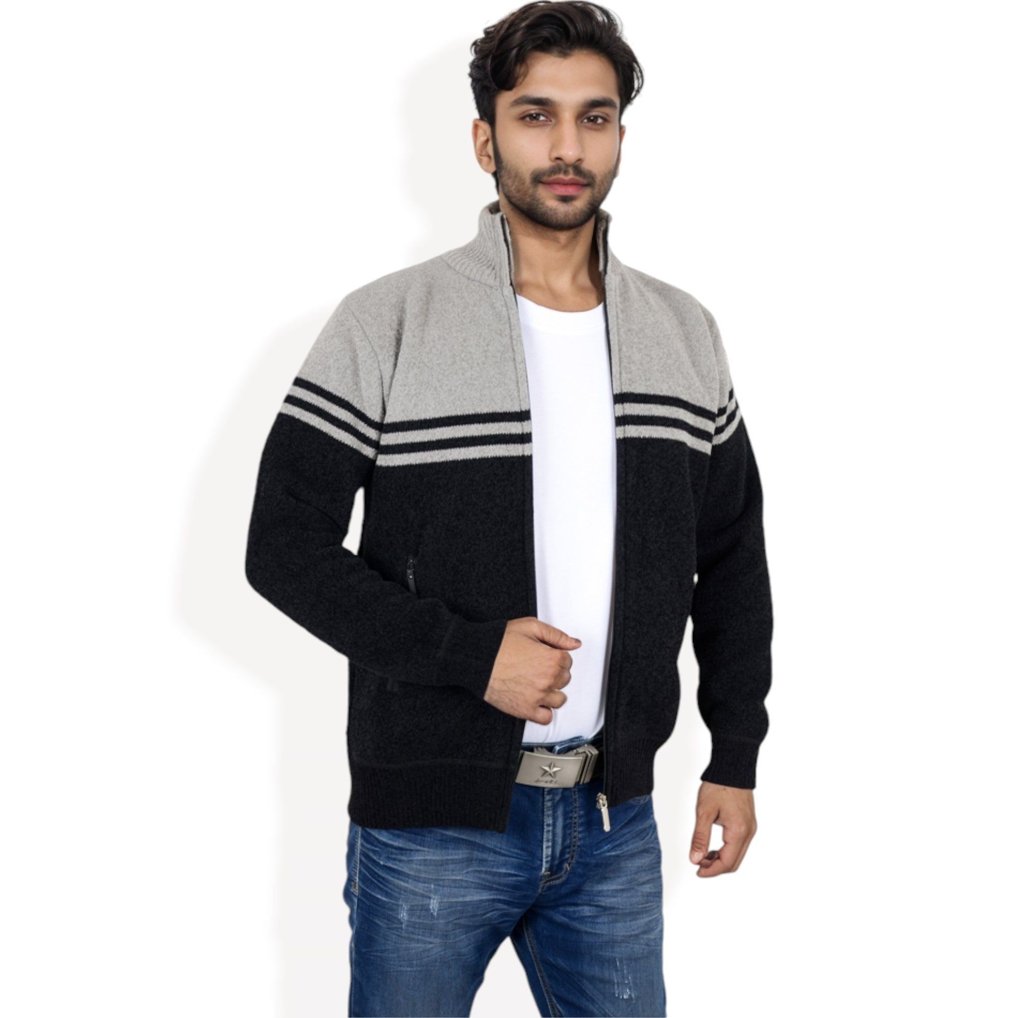 Anna-Kaci Men's Zip-Up Striped Fleece Jacket with High Collar and Front Pockets