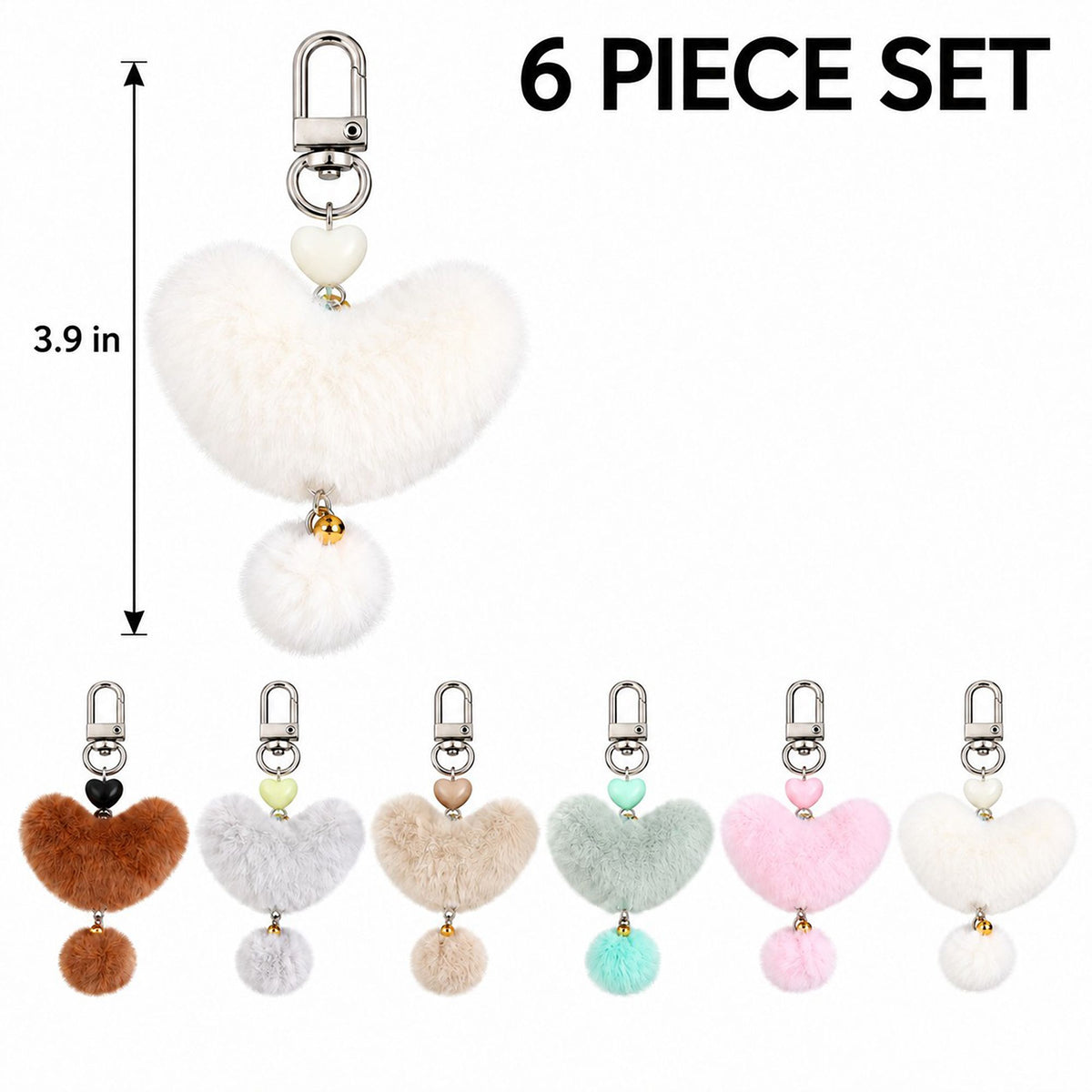 Fluffy Heart Pom-Pom Keychain Cute Faux Fur Bag Charm Set