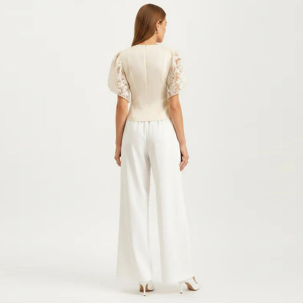 Anna-Kaci Women's Short Sleeve Blouse with Floral Lace Cape Overlay and Embroidered Neckline
