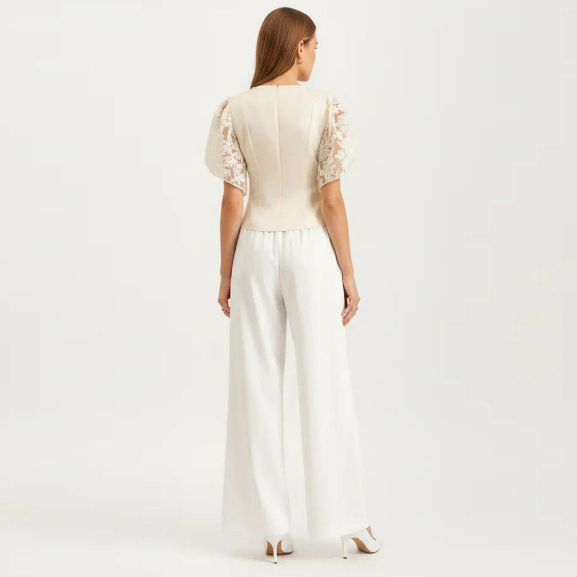 Anna-Kaci Women's Short Sleeve Blouse with Floral Lace Cape Overlay and Embroidered Neckline