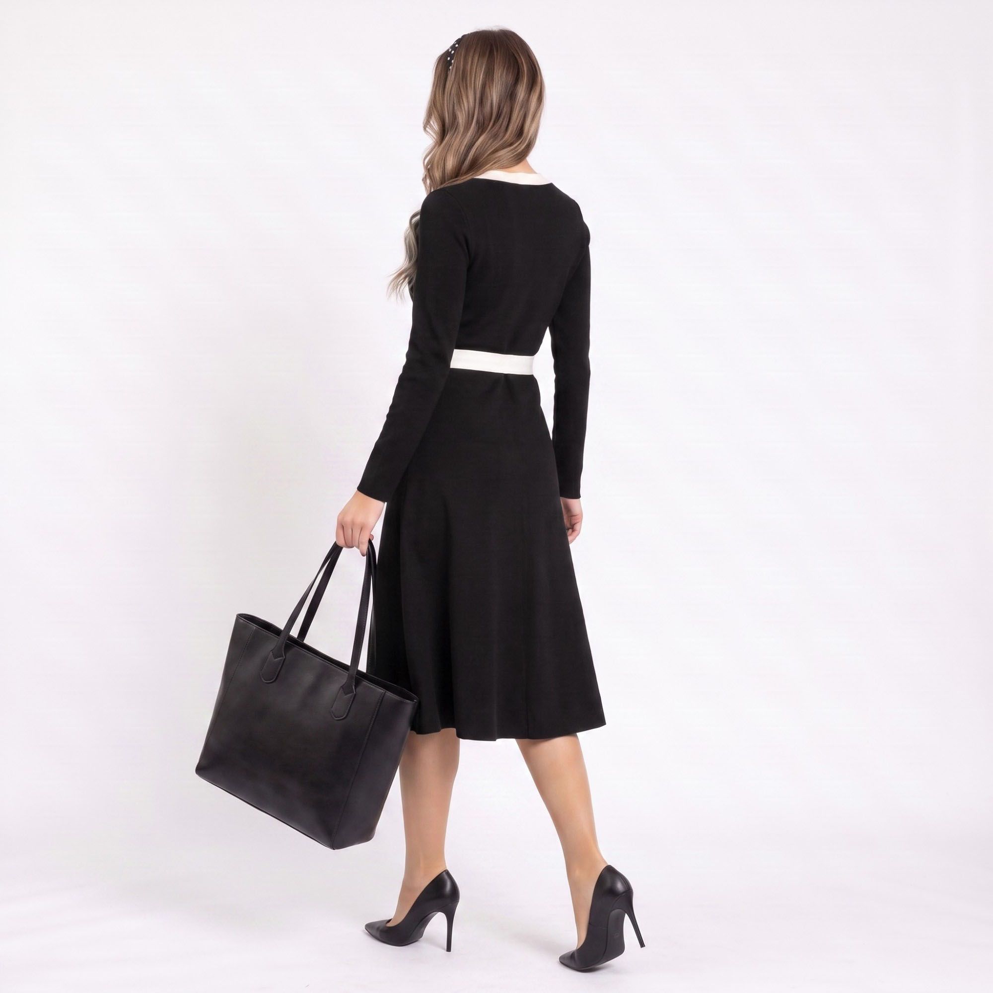 Black Contrast Trim V Neck Long Sleeve Belted Midi Dress