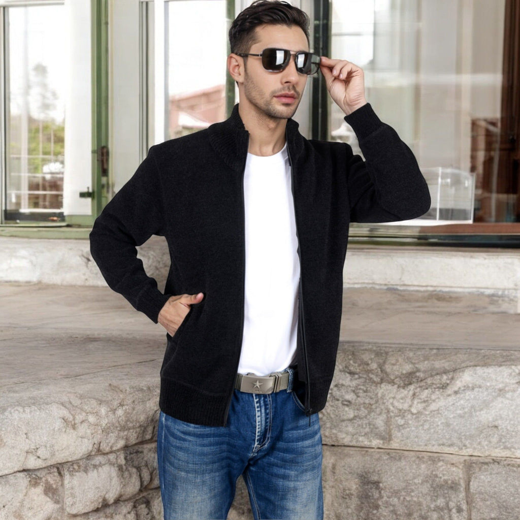 Anna-Kaci Men's Zip-Up Ribbed Knit Cardigan Sweater with Stand Collar