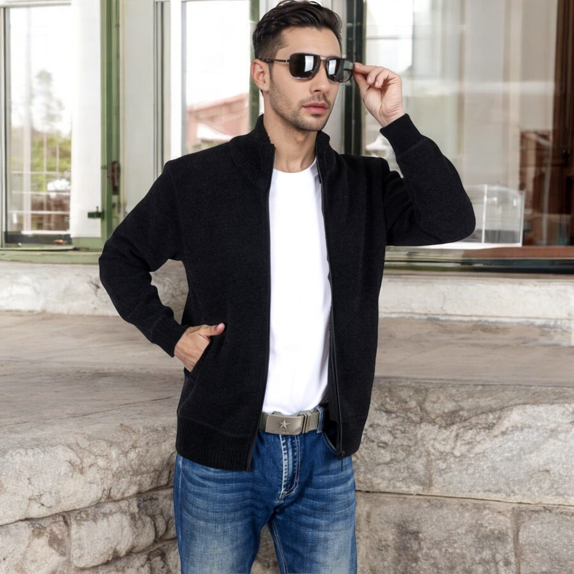 Anna-Kaci Men's Zip-Up Ribbed Knit Cardigan Sweater with Stand Collar