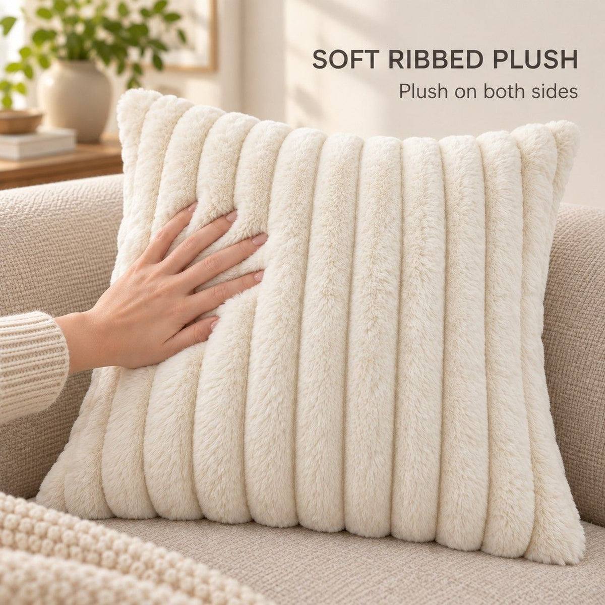 Double Sided Plush Corduroy Throw Pillow Cover 18 x 18 Inch Wide Stripe Texture