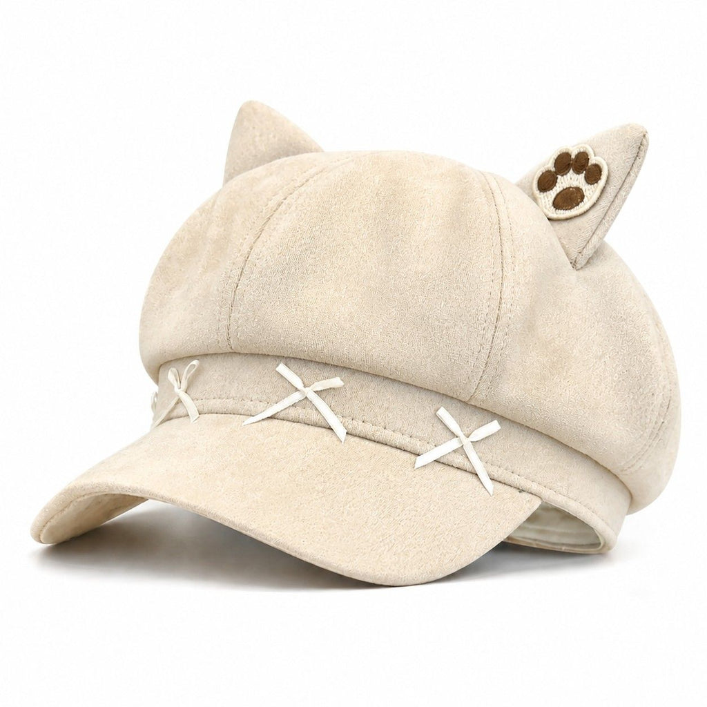 Cat Ear Newsboy Cap Cute Baker Boy Hat Bow Detail Short Brim Casual Style
