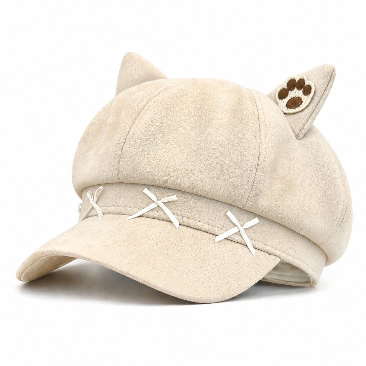 Cat Ear Newsboy Cap Cute Baker Boy Hat Bow Detail Short Brim Casual Style