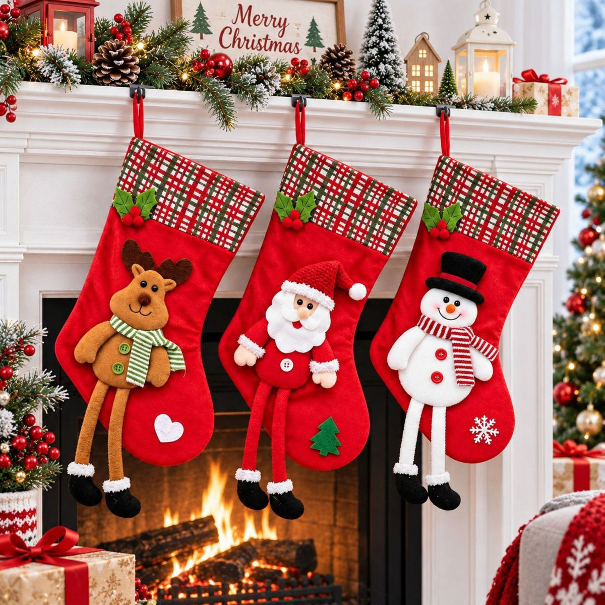 1 Piece Christmas Stocking with Plush Character and Plaid Cuff Hanging Holiday Decoration