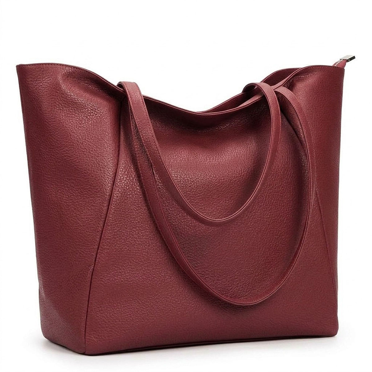 Large Faux Leather Zip Top Tote Bag with Double Shoulder Straps
